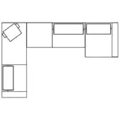Black and white line drawing of a modern L-shaped sectional sofa with a square side table in a plain room setting.
