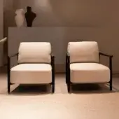 Superior Verzelloni Meg Lounge Chair built with solid oak and light beige textile with black lacquer finish
