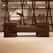 Distinguished Verzelloni Reef bench with textured deep brown cotton fabric upholstery and recessed black lacquered beech wood feet