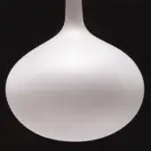 Frosted glass pendant light, bulbous shape, diffused finish, matte texture, rounded contours, black background, modern design.