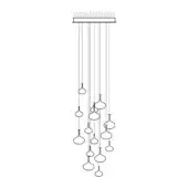 Chandelier, metal line drawing, rectangular mount with cascading teardrop elements in staggered arrangement, minimalist modern design.