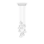 Chandelier line drawing, rectangular mount, cascading teardrop fixtures, thin black lines on white background, schematic illustration.