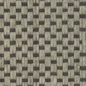 Woven textile pattern, light beige and dark gray, with vertical strips and horizontal bands creating a dense, geometric structure.