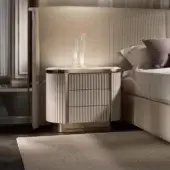 Exceptional DV Home Collection Hollywood Cannetè nightstand with beige leather and luminous steel, crafted with a radiant onyx top and matt lacquer