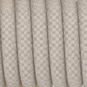 Coiled rope of off-white fiber, tightly twisted strands forming a dense, vertical arrangement with a matte, granular texture.