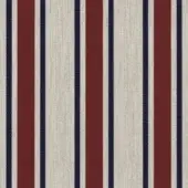 Textile sample with vertical stripes of red, navy blue, and off-white; woven texture creates a linear, classic “c64 – red barre” design.