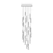 Chandelier, black metal, cascading rods with oval fixtures, asymmetrical arrangement, rectangular mounting plate, minimalist design, studio lighting.