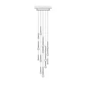 Chandelier, black cords, teardrop elements, circular brushed metal mount, asymmetrical cascade, minimalist design, sigma small fixture.