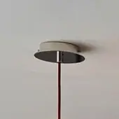 Canopy fixture, matte beige and reddish-brown metal, circular shade with dark gray interior and silver band, flush mount design.