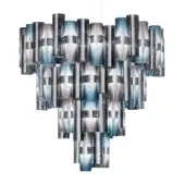 Chandelier, gradient cylinders, tiered arrangement, dark gray to light blue, ribbed texture, contemporary geometric design, studio shot.