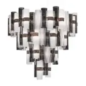 Chandelier, pewter-toned metal, tiered cylindrical design with clear glass accents, cascading stepped formation, studio lighting.