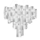 Modern chandelier, silver and white, tiered cylindrical elements in cascading formation with fluted texture and airy voluminous design.