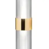 Floor lamp, glass and brushed gold, featuring two ribbed cylindrical components with horizontal gold bands and a central dark gray stripe.