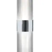 Floor lamp, clear glass and silver metal, cylindrical ribbed body with polished silver band and black rectangular inset.