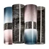 Gradient wall lamps, brushed metal, cylindrical shape, teal, black, rose gold, silver band, vertical textured lines, studio lighting.