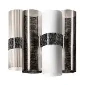 Pewter wall lamps, aluminum cylinders with vertical ridges, brushed metal texture, matte white finish, and fiber band detail on white background.