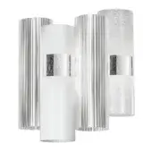 Wall lamp, white metal, brushed silver accents, cylindrical stacked design, minimalist aesthetic, geometric form, studio product shot.