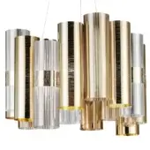Gold La Lollo suspension lamp, clear glass and brushed gold metal, asymmetrical cylindrical shades suspended on a thin wire.