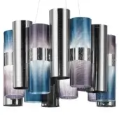 Gradient suspension lamp, brushed aluminum, cascading cylindrical shades with blue-purple-gray gradient and ribbed texture, dark metal supports.