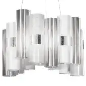 White la lollo suspension lamp, cylindrical shades, brushed silver metal, ribbed texture, staggered layered arrangement, modern studio lighting.