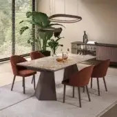 Exceptional Ozzio Italia Axel table with warm beige and golden ceramic tabletop and dark brown striated wooden base crafted with a glossy finish