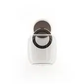 Transparent acrylic geometric form featuring a dark brown circular center, encircled by a gray ring, on a white background.