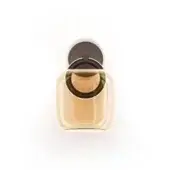 Perfume bottle, clear glass, rectangular shape with amber liquid and dark brown circular cap, studio product shot.