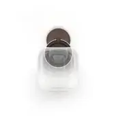 Transparent cylindrical container with a dark brown and silver two-part lid, centered on a white background, showcasing a smooth, curved design.