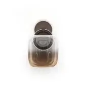 Perfume bottle, chrome bronze transparent, rounded shape with dark brown cap and gradient effect, studio product shot.