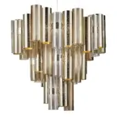 Chandelier, brushed gold and silver metal, cascading cylindrical tiers with yellow accents and subtle vertical striations, diffused lighting.