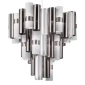 Modern pewter chandelier with layered cylindrical elements, brushed metal finish, and varying lengths suspended from a thin cord.