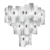 Modern chandelier, white metal, layered cylindrical shades with silver bands, sculptural form, studio product shot.