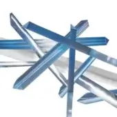 Abstract metal sculpture with intersecting blue and silver bars, geometric design, faint linear text “prisma – la traviata”, white background.