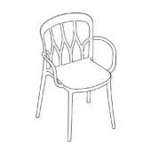 Chair with armrests, line drawing, curved back with interwoven pattern, square seat, tapered legs, white background.