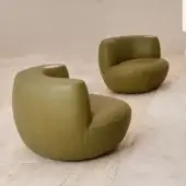 Superior Rugiano Rafael lounge chair with captivating fluid silhouette upholstered in smooth olive green leather and integrated marble detail