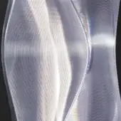 Floor lamp shade, woven synthetic fabric, undulating form with linear highlights and subtle iridescent qualities against a black background.