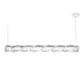 Pendant light, frosted acrylic, horizontal cylindrical form with rippled texture and white circular canopy suspended by clear wire.