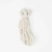 New Zealand wool bundle, off-white color, loosely knotted strands cascading downwards with a soft, fibrous texture against a white backdrop.