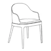 Dining chair with armrests, wood, black and white line drawing, rounded back, tapered legs, minimalist design, white background.