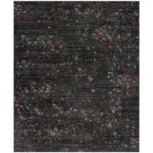 Rugiano giardino rug, dark charcoal gray, rectangular floral pattern with red, white, and green blossoms, dense short pile construction.