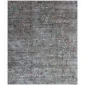 Rugiano Giardino rug, gray floral pattern, stylized red and cream blossoms on striated gray field, detailed meadow design.