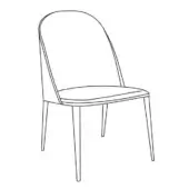 Metal dining chair, black and white line drawing, arched backrest, tapered legs, minimalist modern design, smooth rectangular seat.