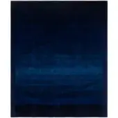 Rugiano Trasparenze rug, blue gradient, horizontal bands, matte finish, hand-knotted texture, studio product shot.