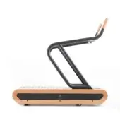 Nohro treadmill with cherry wood frame, dark gray running surface, and black metal arch featuring a stainless steel accent.