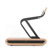 Treadmill, light oak wood and black metal, curved frame with cylindrical handle and centered “NOHRD” logo on wooden base.