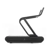 NOHRD treadmill, matte black steel frame, curved handrail, dark gray running surface, minimalist design, studio shot, white background.