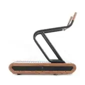 NOHRD exercise machine, light wood frame, black running surface, curved metal handle, asymmetrical design, studio shot, white background.
