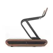 NOHRD fitness machine, matte metal frame, walnut wood accents, arcing handle, light upholstery, slatted deck, minimalist design.