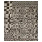 Rugiano rectangular rug, black and off-white geometric pattern, features stripes, checkerboard, and dot motifs with a flat woven pile.