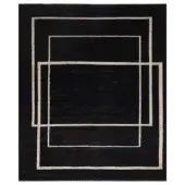 Rectangular Rugiano “collective rug black” with concentric off-white rectangles layered within a dark field, featuring a textured weave.